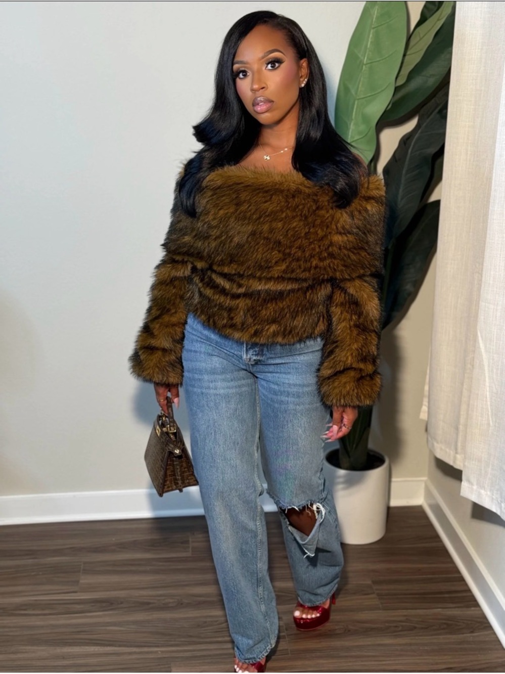 Faux Fur Off-Shoulder Pullover in Rich Brown